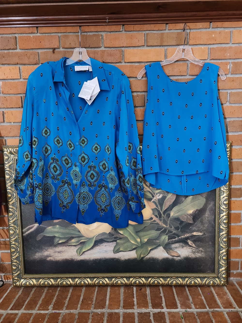 Silk Lore Blue Printed Two-Piece Women’s Blouse Set Large